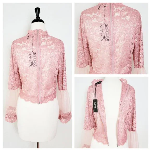 Love University Crop Top Blush Rose Sheer Lace Bell Sleeve Mock Neck Zip Back - Picture 9 of 12